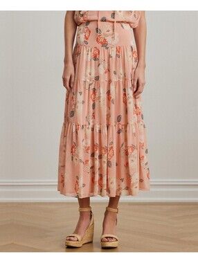 Lauren Ralph Lauren Floral Crinkle Georgette Tiered Skirt Women's Skirt Pink 14
